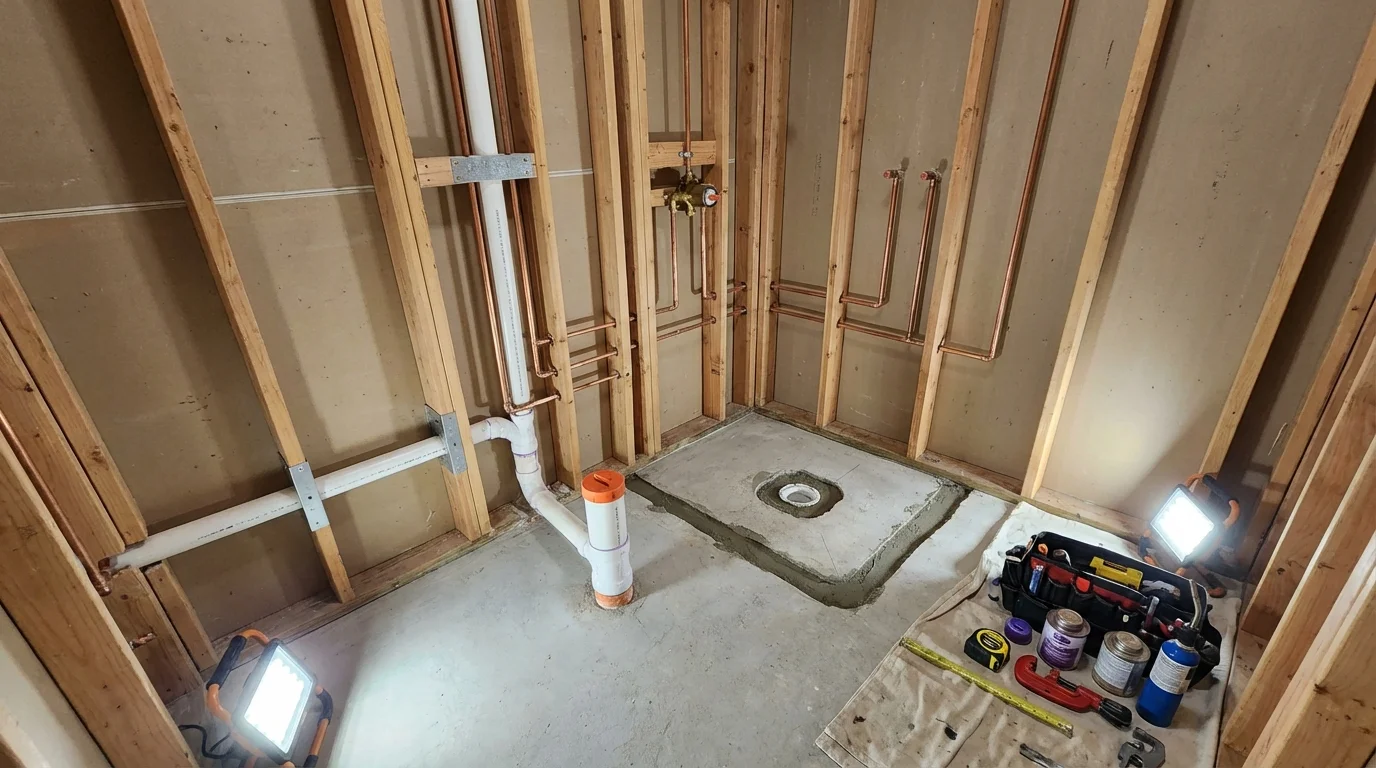 Bathroom rough-in plumbing during remodel by Johns Plumbing LLC in Crowley