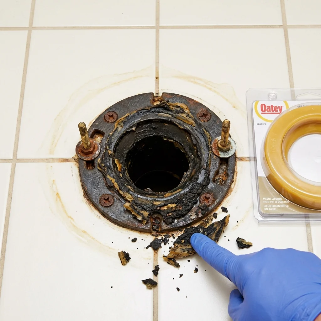 Failed wax ring showing water seepage at the base of a toilet in a Crowley, LA home