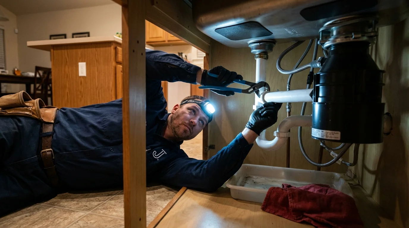 P-trap and supply line connections under a kitchen sink showing a common leak point in Crowley, LA